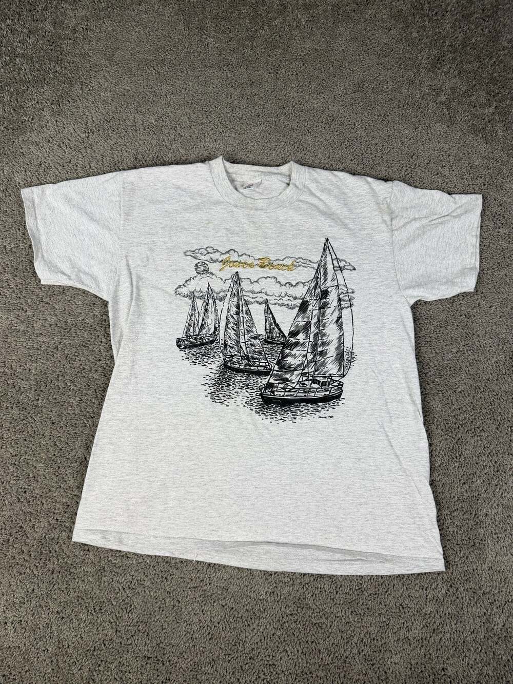 Jones Beach Sailing Shirt Mens XL Gray Sailboats Graphic Crew Neck Sherrys Best